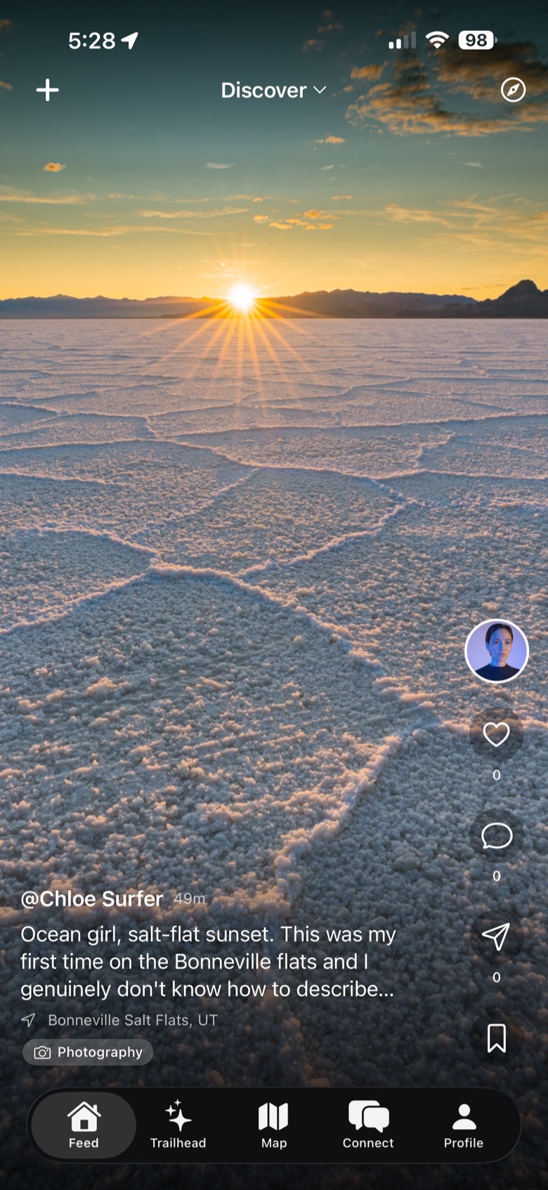 Nomatic Atlas feed showing a sunset post from the Bonneville Salt Flats